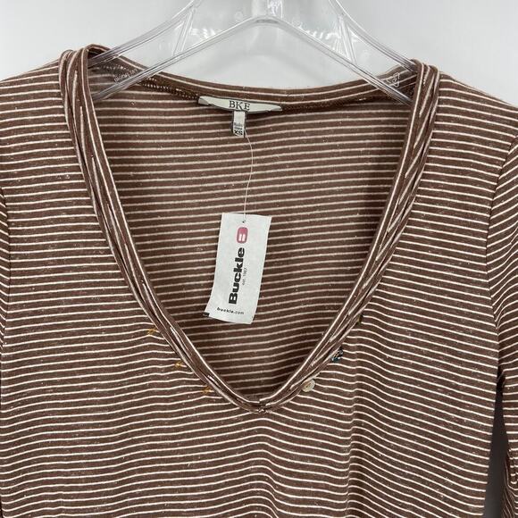 BKE Buckle V-Neck Knit Shirt Brown Cream Stripe Top Women's Size XS - Picture 2 of 14